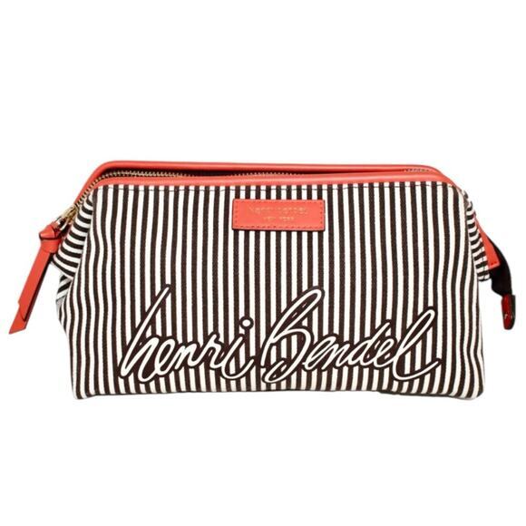 henri bendel Handbags - Henri Bendel Large Striped Canvas White Brown Orange Travel Cosmetic Bag Case